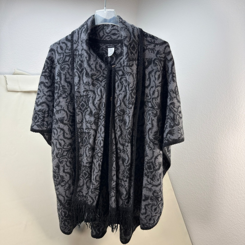 Novica Poncho Wrap Damask Alpaca Blend Button Cape Women One Size Boho Artisan